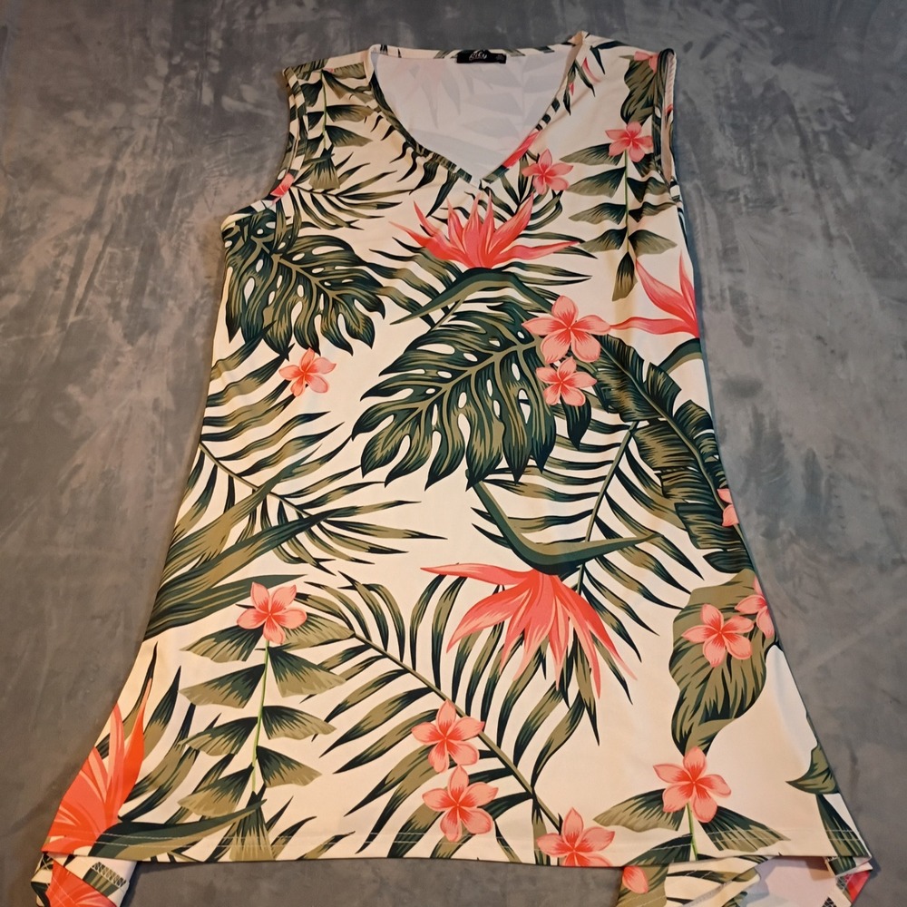 Lily by Firmiana Tropical Floral Sharkbite Tunic Top XL V-Neck Sleeveless Green